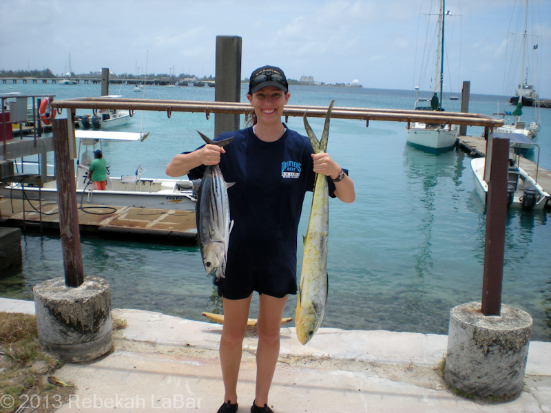 Hanging onto a couple of heavy fish (especially the mahi, on the right), thinking "don't drop, don't drop, don't drop them!"
