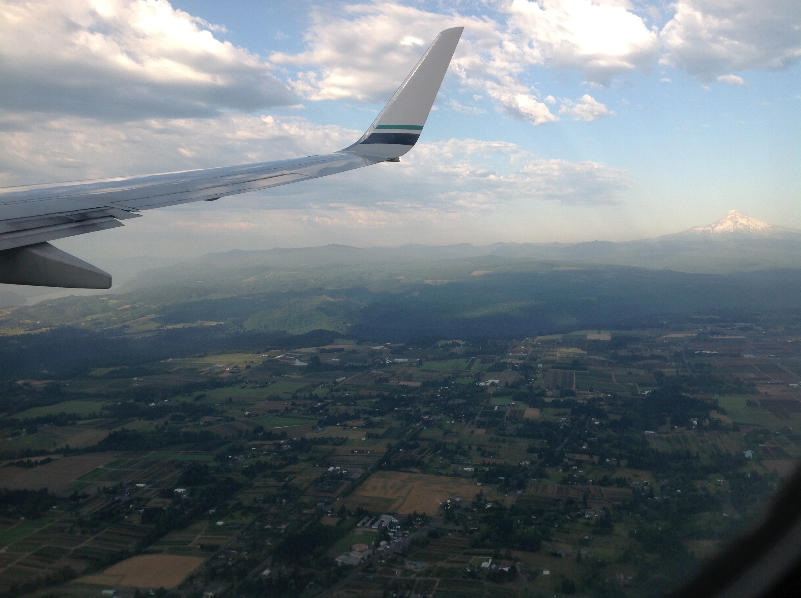 Approaching PDX (Columbia River on the left, Mount Hood on the right)