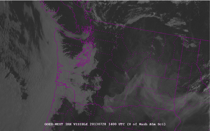 1-km visible satellite loop of Washington State, from 7am to 9pm local (PDT) on 28 July 2013. Counties are outlined in purple. Courtesy of the University of Washington - http://www.atmos.washington.edu/cgi-bin/list.cgi?vis1km.