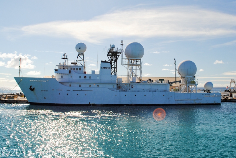 The US Army's USS Worthy, at home in Kwajalein Harbor. The Worthy can travel long distances to set up for mission activities, where they track and observe various mission activities.