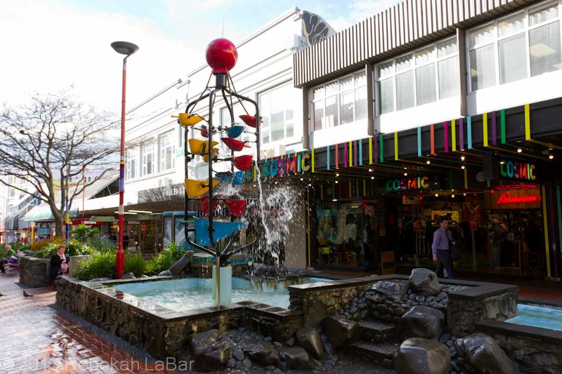 A cool bucket fountain on Cuba Street; the buckets fill with water and somewhat randomly tip over.