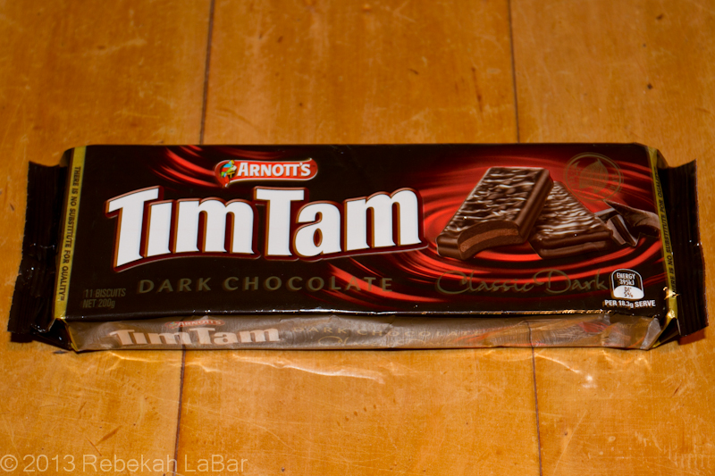 I've heard Aussies and Kiwis mention TimTams, but I wasn't quite sure what they were until today. I had to try some, and I found them quite a delicious dark chocolate cookie, or biscuit as they're called.